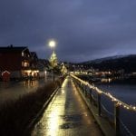 Down by the marina at Hemnesberget with the streets and trees decorated with lights at dark for Christmas.