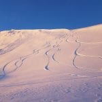 Lots of curly ski tracks on a mountain hill in a beautiful light that turns the snow almost pink and the sky clear blue.