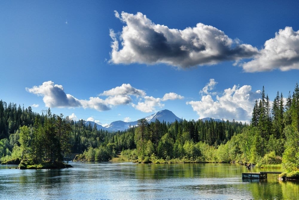 Shining clear water surrounded by green and lively nature with great mountains in the background on a blue-skied summer day.