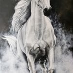 Painting of a beautiful running white horse made by artist Yvonne.
