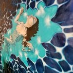 Painting by artist, Yvonne, of a naked girl laying on her back in an artistic illustration of water.