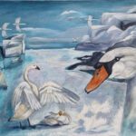 Painting of white swans in a white rocky landscape by the sea