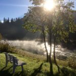 A white bench and a tree by the sunbathed, silver shimmering river Røssåga, with a tall mountain in the background.
