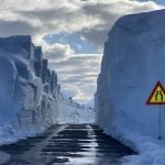 Tall snow edges on the side of the Korgfjellet road.
