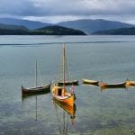 Several locally built wooden boats on the fjord with mountains in the background.