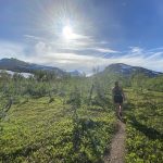 Girl walkin on a path in a green landscape with mount Oksskolten to the left.