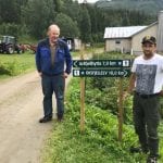 Two men standing at Inderdalen Farm, next to a sign indicating where to start the hike to Gråfjellhytta and Oksfjellelv.