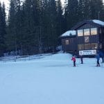 The local stadium and the several cross-country skiing trails in Korgen, with skiers of all age enjoying the tracks.