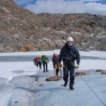 People crossing a glacier in a rope-team