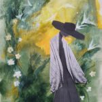 Painting of a woman in a black dress and a big hat, in a landscape with flowers and white birds
