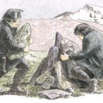 A drawing of two men building food caches