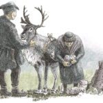 A drawing of a reindeer and two people, one of them holding a food cach.